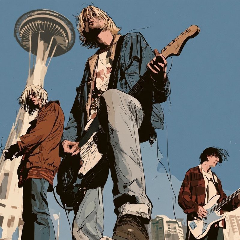 Ilustrasi Nirvana tampil di depan Space Needle Seattle, gaya komik dengan warna merah dan biru