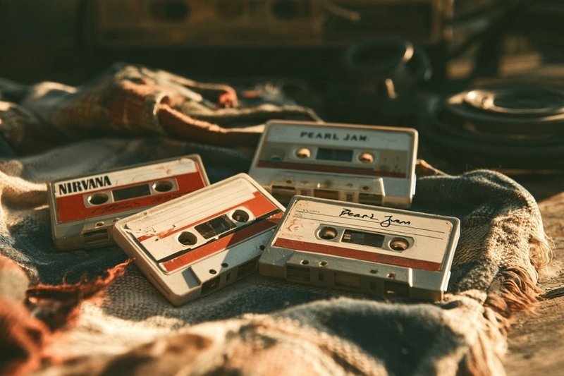 Empat kaset Nirvana dan Pearl Jam berjejer di atas kain flanel merah