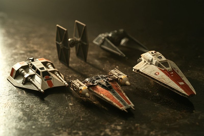 Miniatur pesawat Star Wars: Snowspeeder, Y-Wing, dan TIE Fighter berjejer di permukaan gelap