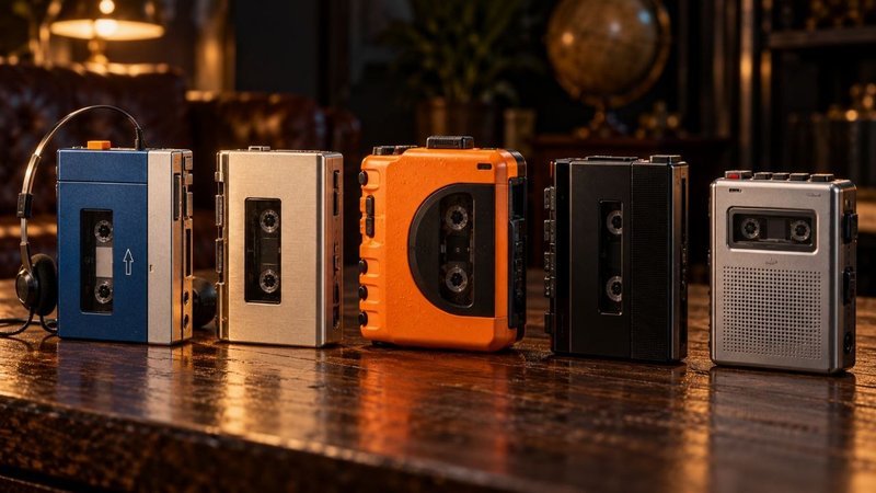 Lima Sony Walkman vintage berjejer di meja kayu: TPS-L2 biru, WM-3 perak, Sports oranye, BM-12 hitam, TCS-310 perak