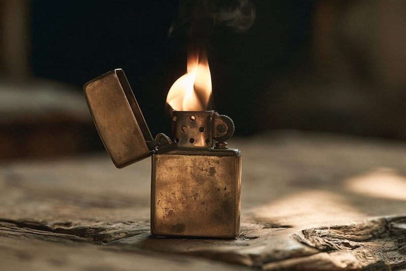 Zippo lighter brass klasik dengan api menyala, close-up dramatis di atas kayu tua